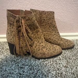 Leopard print fringe booties